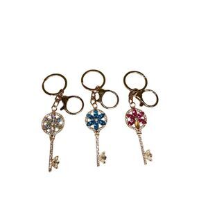 Set of 3 Multicolor Flower Key Purse Charms Keychains CZ sparkly bling glam gift